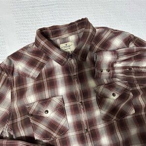American Eagle Men’s XXL 
Brown Cream Plaid Shirt Pearl Snap Seriously Soft